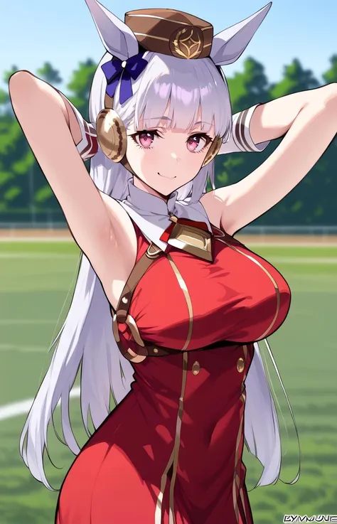 Outdoor、Racecourse Turf、Red sleeveless、Cleavage、Areola、Underarm、Sweaty、blush、smile、Big Breasts、Run、Obscene pubic hair、Pussy spreading and showing off