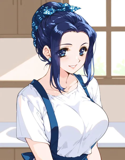 <lora:ryoko_oy-000023:0.7>, ryoko_oy, blue hair, long hair, sidelocks, blue eyes, large breasts, (public hair, censored, blush lines:-2), hair ornament, hair bun, hair up, apron, white shirt, smile, facing viewer, score_9, score_8_up, score_7_up, masterpiece, best quality, source_anime, uncensored,