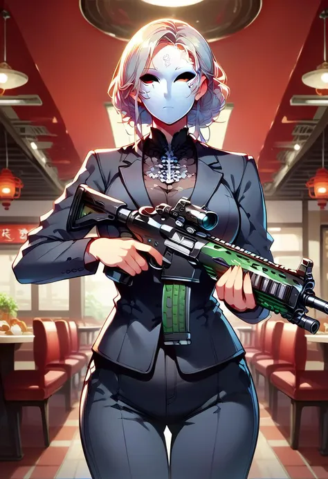 score_9, score_8_up, score_7_up, score_6_up, score_5_up, score_4_up, BREAK mature female, solo, <lora:whitemask:1>,white mask, black suit, chinese Restaurant, holding black Assault Rifle, <lora:Pony_Weapon_Assault_Rifle_-_By_HailoKnight:0.85>, cowboy shot,