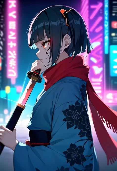 score_9, score_8_up, score_7_up, score_6_up, score_5_up, score_4_up, BREAK 1girl,solo, black hair, one side up, blue floral print japanese kimono, blunt bangs, red scarf, cyberpunk city, neon lights, red eyes, expressionless, holding sword unsheathing, from side, <lora:unsheathing_2_final:1>