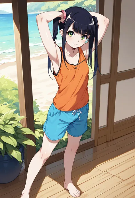 <lora:saji_pony:0.9>, saji genpou, long hair, twin tails, black hair, green eyes, pale skin, small breasts, tank top, orange topwear, bare shoulders, blue pants, short shorts, indoor, wood floor, barefoot, ,
closed mouth, smile, standing , outside, day, armpit,
score_9, score_8_up, score_7_up, masterpiece, best quality, absurdres, 8k wallpaper, source_anime, uncensored,