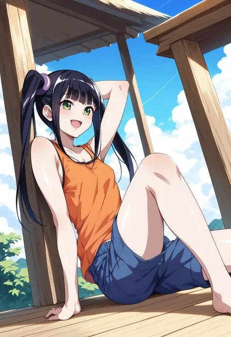 <lora:saji_pony:0.9>, saji genpou, long hair, twin tails, black hair, green eyes, pale skin, small breasts, tank top, orange topwear, bare shoulders, blue pants, short shorts, indoor, wood floor, barefoot, low-angle view,
open mouth , smile, sitting , outside, day, armpit,
score_9, score_8_up, score_7_up, masterpiece, best quality, absurdres, 8k wallpaper, source_anime, uncensored,