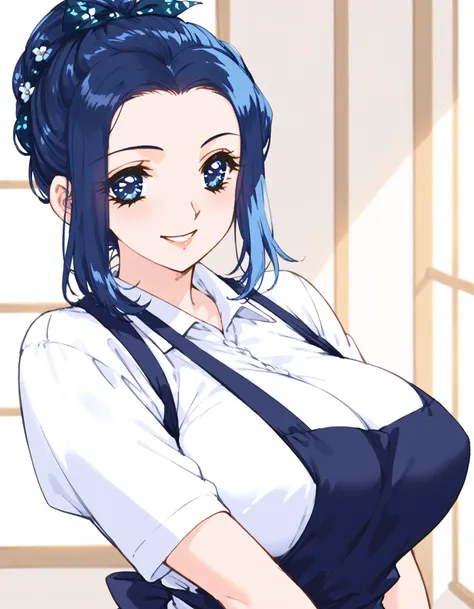 <lora:ryoko_oy-000023:0.7>, ryoko_oy, blue hair, long hair, sidelocks, blue eyes, large breasts, (public hair, censored, blush lines:-2), hair ornament, hair bun, hair up, apron, white shirt, smile, facing viewer, score_9, score_8_up, score_7_up, masterpiece, best quality, source_anime, uncensored,