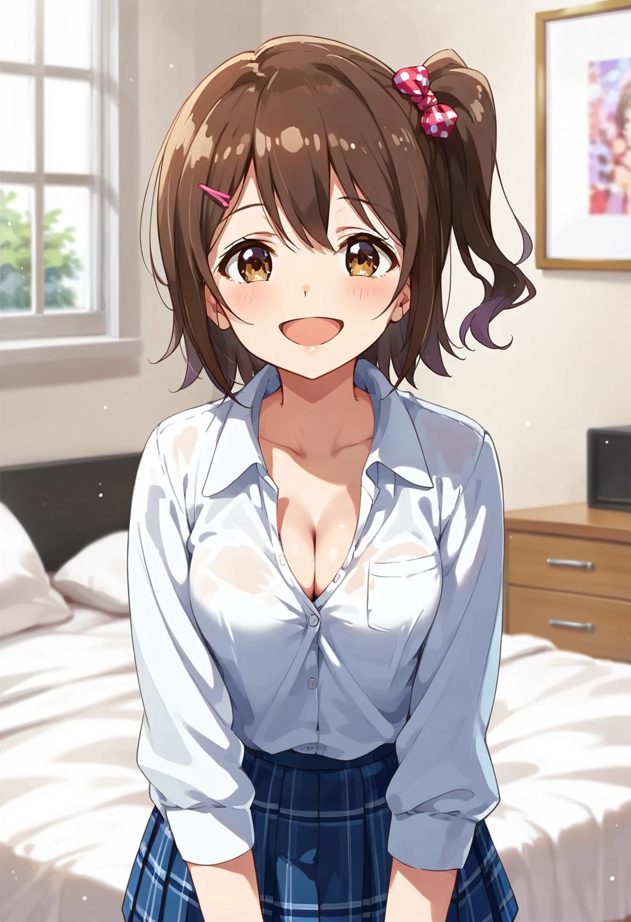 <lora:Kasuga_Mirai:0.7>, kasuga mirai, brown hair, brown eyes, tareme, short hair, side ponytail, medium breasts,
1girl, solo, school uniform, white shirt, collared shirt, pleated skirt , open mouth, blush, smile, living room, bed, simple background, blurred background, cleavage, eyes closed,
score_9, score_8_up, score_7_up, masterpiece, best quality, absurdres, 8k wallpaper, source_anime, uncensored,