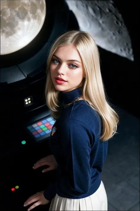 photo of beautiful (Al3xGr3y-135:0.99), laughing, (blonde:1.2), a woman, perfect hair, (modern photo), wearing a (crew neck sweatshirt:1.2) and long skirt with jewelry, portrait, 85mm, (analog, cinematic, film grain:1.3), (Lunar Colony, Self-sustaining moon colony with domed structures, lunar rovers, spaceports, and Earthrise views.), detailed eyes, professional pose, painted lips, (epiCPhoto), (looking at viewer:1.1), (cinematic shot:1.3), (natural lighting, lit from above), <lora:add_detail:0.5>