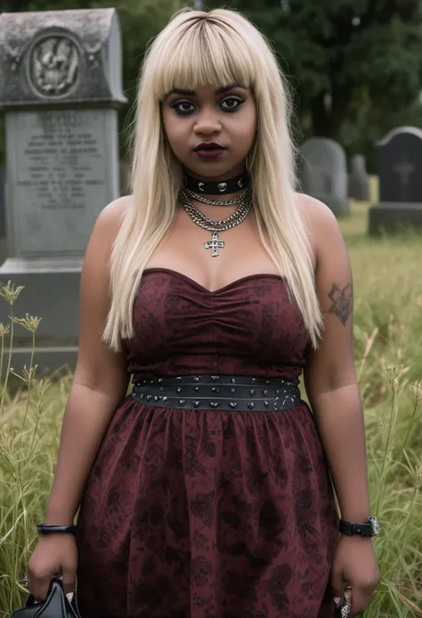 (medium full shot) of (intense emo girl) young woman, full-figured build, extra long blonde curtain bangs hair, south african, dark skin, brown eyes, wearing a maroon strapless dress with dark patterns , vans with skull prints, dark red lipstick, smoky eyeshadow, heavy eyeliner, carrying a studded handbag choker necklace, set in a quiet cemetery, with overgrown grass, old headstones, still air, and melancholic ambiance, woman smiling, detailed face, ,Masterpiece,best quality, raw photo, realistic, very aesthetic