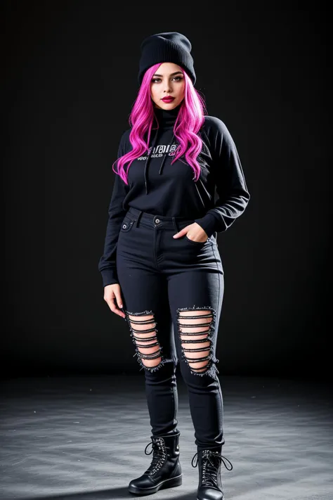 <lora:detail_slider_v4:1.2>,(mysterious emo girl) 52yo old grandmother Woman, voluptuous build, long silver retro hair, black american, dark skin, light brown eyes, wearing a charcoal distressed hoodie, tapered jeans, suede boots with buckles, dark red lipstick, smoky eyeshadow, heavy eyeliner, dark woolen hat,fingerless gloves, set in an outdoor festival, with vibrant lighting, energetic atmosphere, and diverse, alternative crowd,
(cinematic angle:1.1),(full body portrait:1.3),(wide shot:1.3),