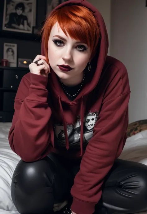 (medium full shot) of (edgy emo girl) young woman, full-figured build, short ginger straight bangs hair, swedish, pale skin, light brown eyes, wearing a maroon fitted hoodie, black trousers with studs, zip-up boots with punk design, dark red lipstick, smoky eyeshadow, heavy eyeliner, studded bracelet choker necklace, set in  a dark, moody bedroom, with band posters, messy bed, and scattered clothes , at night, woman smiling, detailed face, ,Masterpiece,best quality, raw photo, realistic, very aesthetic