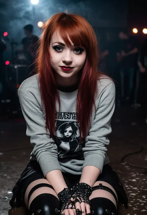 (medium full shot) of (introspective emo girl) young woman, busty build, long ginger straight bangs hair, philippine, light skin, hazel eyes, wearing a grey vintage sweater , ripped leggings with grunge look, lace-up boots with punk design, dark red lipstick, smoky eyeshadow, heavy eyeliner, graphic tee with emo print fingerless gloves, set in  a moody concert, with flickering lights, intense music, emotional crowd, dark decor, and alternative seating, during a storm, woman smiling, detailed face, ,Masterpiece,best quality, raw photo, realistic, very aesthetic