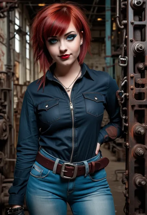 (medium full shot) of (intense emo girl) young woman, voluptuous build, short red bangs hair, italian, tan skin, turquoise eyes, wearing a midnight blue long-sleeve shirt, denim pants with zippers, leather boots with buckles, dark red lipstick, smoky eyeshadow, heavy eyeliner, fingerless gloves chain belt, set in  an old factory, with rusted machinery, dark hallways, crumbling walls, and industrial remnants, woman smiling, detailed face, ,Masterpiece,best quality, raw photo, realistic, very aesthetic