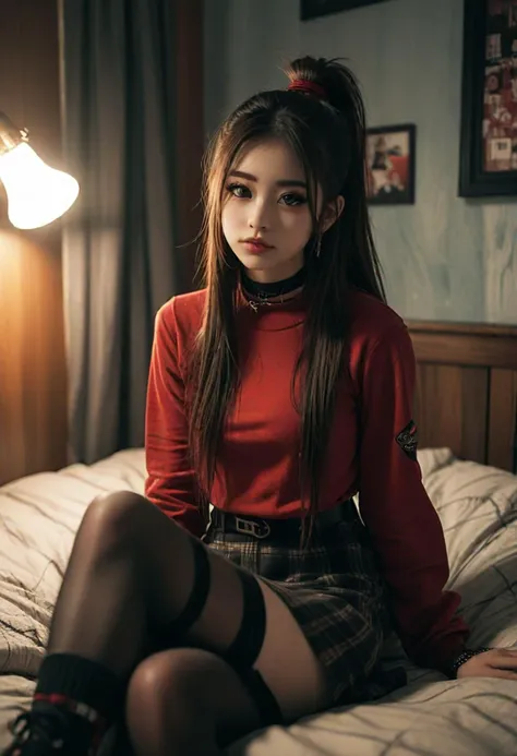 (medium full shot) of (introspective emo girl) young woman, Medium build, extra long brown ponytail hair, japanese, fair skin, hazel eyes, wearing a blood red mesh top, striped leggings with grunge look, creepers, black lipstick, smoky eyeshadow, heavy eyeliner, choker necklace dark woolen hat, set in  a moody bedroom, with dim lights, dark curtains, emo memorabilia, and an unkempt bed , at night, woman smiling, detailed face, ,Masterpiece,best quality, photo, realistic, very aesthetic