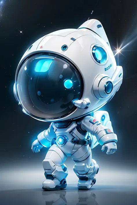 chibi, high quality, ray tracing, streamlinerai space suit, stylized, shiny white, full of reflections, blue glowing lights, futurism, clean edges, Tinted windows, <lora:streamlinerai:0.8>,  <lora:GoodHands-beta2:1>, cartoon rendering