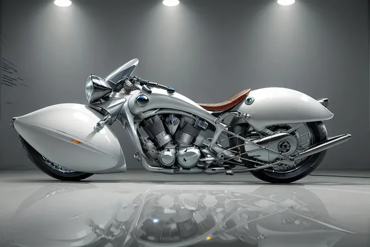 4k, high quality, ray tracing, <lora:streamlinerai:.9> streamlinerai Motorcycle, ww1, stylized, shiny white, full of reflections, blue glowing lights, futurism, clean edges, Tinted windows,