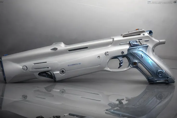 4k, high quality, ray tracing, <lora:streamlinerai:.9> streamlinerai handgun ww1, stylized, shiny white, full of reflections, blue glowing lights, futurism, clean edges, Revolver,
