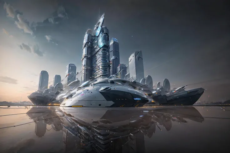 4k, high quality, ray tracing, <lora:streamlinerai:.9> streamlinerai skyscraper, ww1, stylized, shiny white, full of reflections, blue glowing lights, futurism, clean edges, Tinted windows,