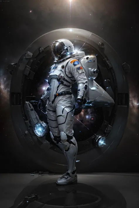 4k, high quality, ray tracing, <lora:streamlinerai:.9> streamlinerai space suit, stylized, shiny white, full of reflections, blue glowing lights, futurism, clean edges, Tinted windows,
