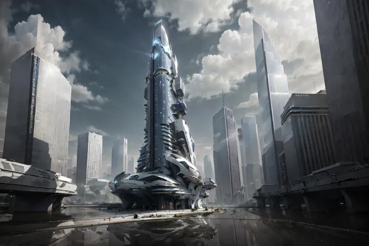 4k, high quality, ray tracing, <lora:streamlinerai:.9> streamlinerai skyscraper, ww1, stylized, shiny white, full of reflections, blue glowing lights, futurism, clean edges, Tinted windows,