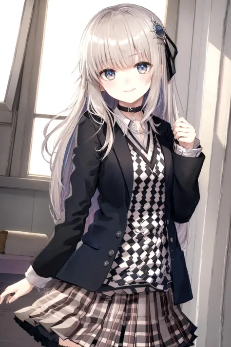 rei_hatada, cowboy shot, smile, school, indoors, checkered shirt, open jacket, pleated skirt, hair ornament, looking at viewer,  <lora:reihatada:0.6>