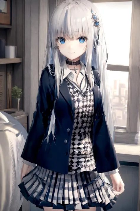 rei_hatada, cowboy shot, looking at viewer, hair ornament, large breasts, indoors, bedroom, smile, blue eyes, white hair, checkered shirt, plain skirt, open jacket, pleated skirt, <lora:reihatada:0.6>, <lora:Moralgear-08:0.6>