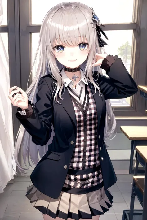 rei_hatada, cowboy shot, smile, school, indoors, checkered shirt, open jacket, pleated skirt, hair ornament, looking at viewer, <lora:reihatada:0.6>