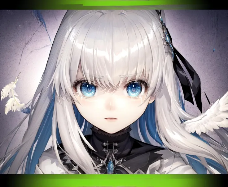 hatada rei, 1girl, solo, letterboxed, long hair, blue eyes, crying, looking at viewer, portrait, bangs, white hair, parted lips, straight-on, v-shaped eyebrows, close-up, crying with eyes open, feathers, <lora:reihatada:0.6>, <lora:Cutesy4-10:0.6>