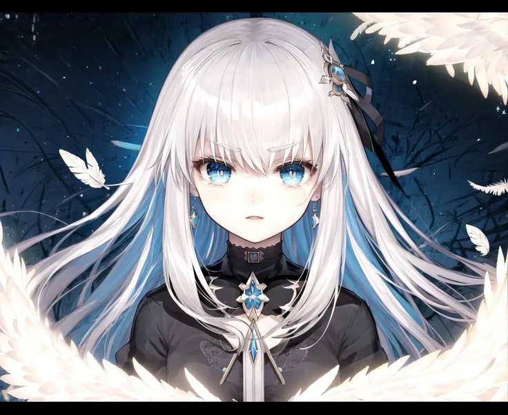 hatada rei, 1girl, solo, letterboxed, long hair, blue eyes, crying, looking at viewer, portrait, bangs, white hair, parted lips, straight-on, v-shaped eyebrows, close-up, crying with eyes open, feathers, <lora:reihatada:0.6>, <lora:Cutesy4-10:0.6>
