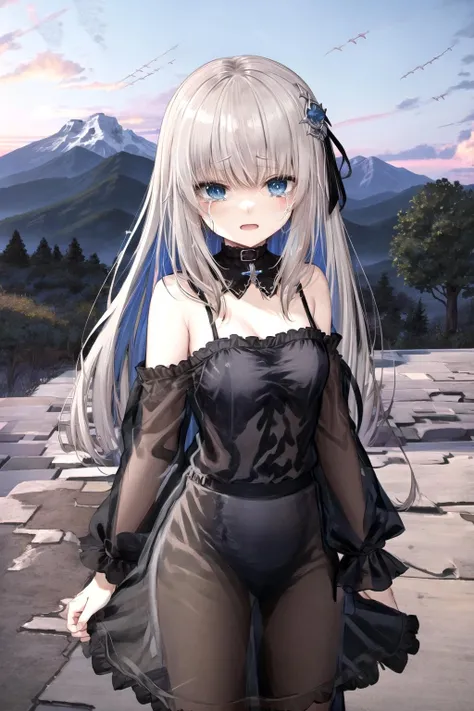 rei_hatada, cowboy shot, looking at viewer, hair ornament, outdoors, crying with eyes open, mountains, black dress, see-through dress, sleeveless, off shoulder, blue eyes, <lora:reihatada:0.6>
