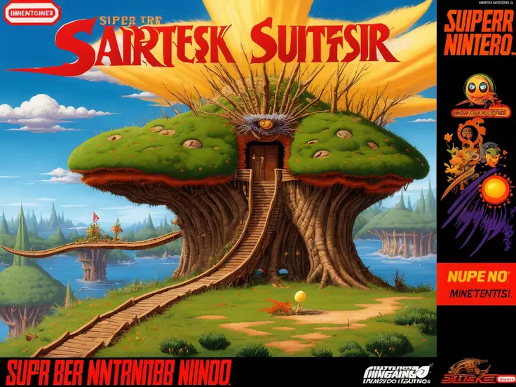retro game art concept art <lora:quiron_SNESCover_v2_lora:0.97> , SnesQuiron cover, masterpiece, best quality, ((samorost) game), videogame cover, snes cover, cover, logo, game title, english text, Full cover, . digital artwork, illustrative, painterly, matte painting, highly detailed . 16-bit, vibrant colors, pixelated, nostalgic, charming, fun