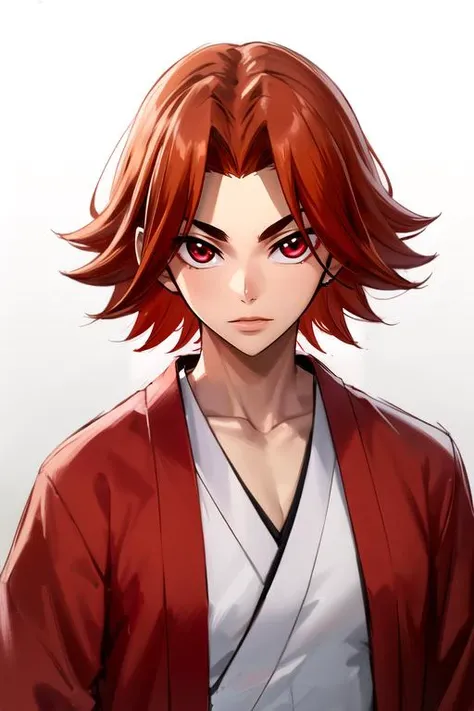 tmasterpiece, beste-Qualit, 独奏, 1boy, Vermilion hair, burgundy hair, (scars in the face:1.3), dark eyes, dark kimono, upper-body, portraite of a, bloods, ssmile