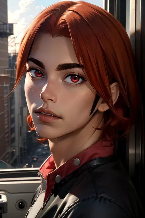(best quality:1.1), (masterpiece:1.4), photorealistic, looking at viewer, , , , (realistic:1.4), 1boy, solo, male focus, <lora:issa_kaburagi:0.82>, issa_kaburagi, red hair, red eyes, , science fiction dieselpunk, 4k resolution