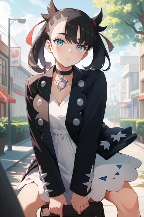 (masterpiece, best quality),  intricate details,
1girl,   <lora:marnie_pokemon-10:0.8> marnie_pokemon, choker, red ribbon, black choker, dress, jacket, black jacket
pokemon, outdoors, sunny,