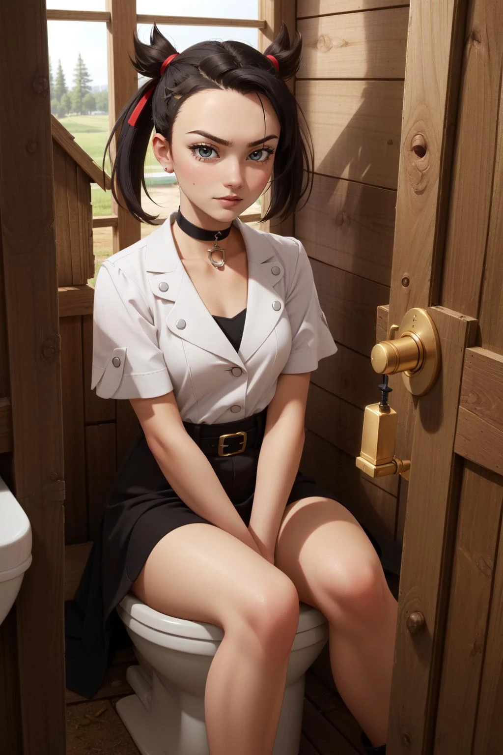 (masterpiece, best quality), intricate details,
1girl, <lora:marnie_pokemon:0.8> marnie pokemon, black hair, medium hair,black choker,
glaring, outhouse, inside outhouse, sitting, using bathroom, peeing,