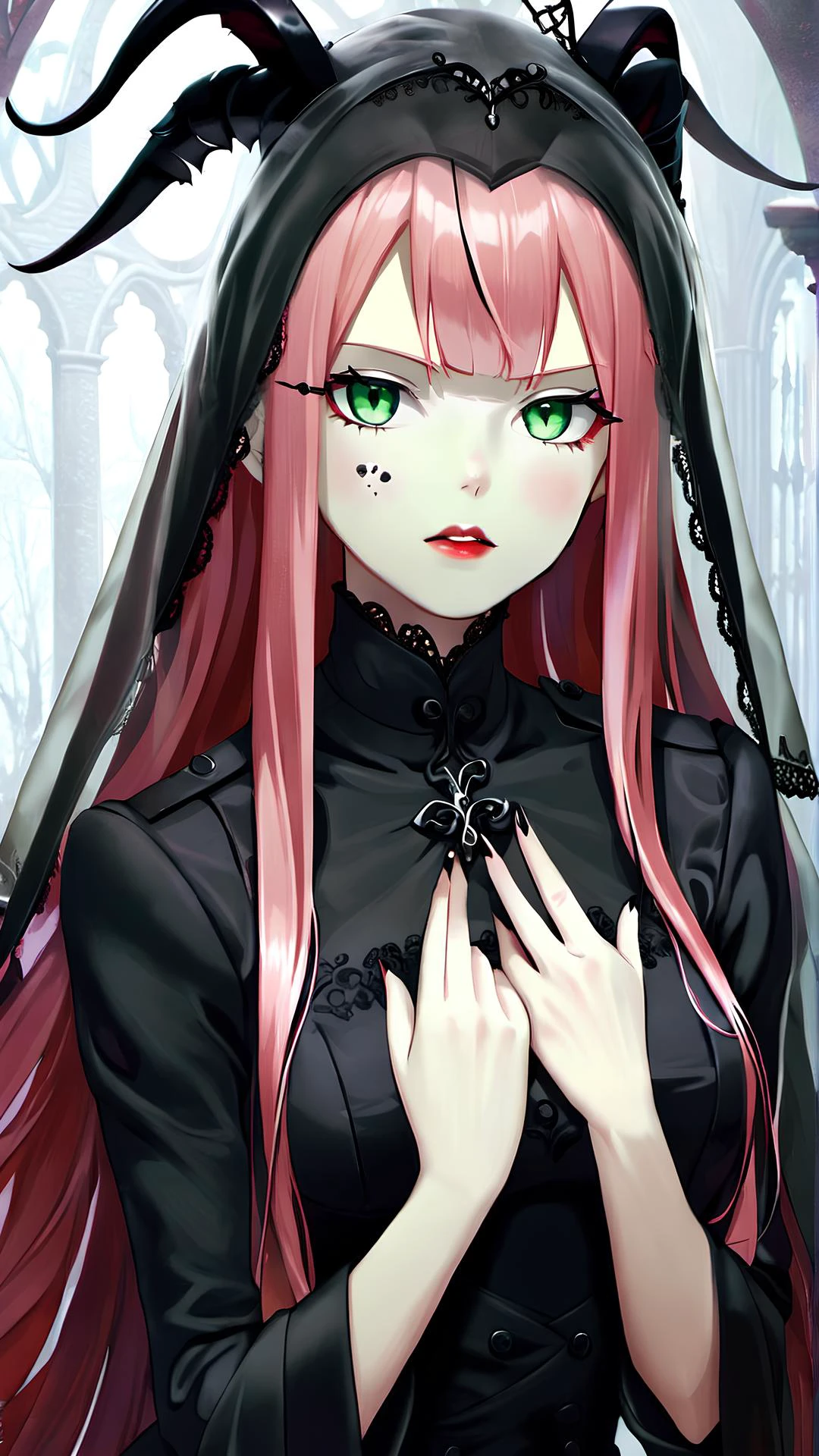 <lora:zerotwo:.7> <lora:HorrorAI:1.2>,
1girl, solo, (clear face:1.8), zero_two_\(darling_in_the_franxx\), long_hair, pink_hair, green_eyes, double-breasted,
(zero_two_\(darling_in_the_franxx\) has large goat horns:1.2),
zero_two_\(darling_in_the_franxx\) is a zombie,
wearing a black dress, pale skin, (black wedding veil covering face:1.7), blank expression, red lipstick, black eyeliner makeup,
(gothichorrorAI), black dress on woman , Highly detailed, horror setting, intricate detailed background