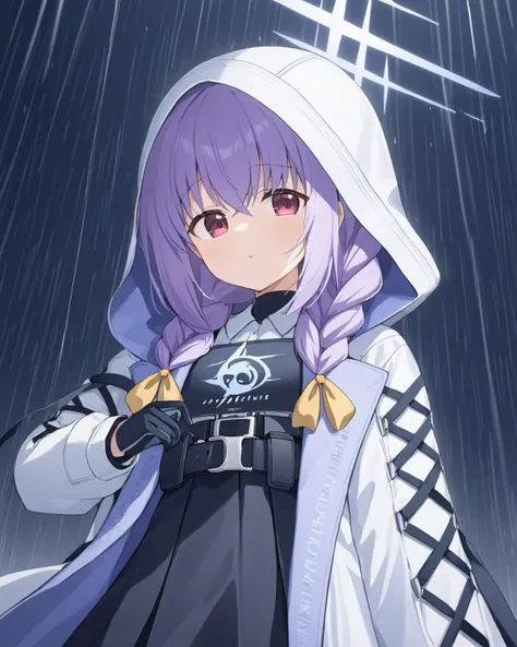 atsuko \(blue archive\),1girl, halo, solo, belt_pouch, low_twin_braids, hood_up, looking_at_viewer, black_gloves, hooded_jacket, hair_bow, yellow_bow, long_sleeves, closed_mouth, white_jacket, ribbon, rain, hooded_coat
<lora:atsuko_(blue_archive)_image697_2023-11-26-000012:1>halo. gorgeous,key visual, vibrant, studio anime,award-winning, professional, highly detailed,high budget, cinemascope