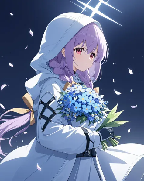 atsuko \(blue archive\),1girl, solo, flower, holding_bouquet, looking_at_viewer, hood_down, petals, long_sleeves, hooded_jacket, halo, black_gloves, tree, white_dress, from_side, hooded_coat, white_coat, twin_braids
<lora:atsuko_(blue_archive)_image697_2023-11-26-000012:1>halo. gorgeous,key visual, vibrant, studio anime,award-winning, professional, highly detailed,high budget, cinemascope