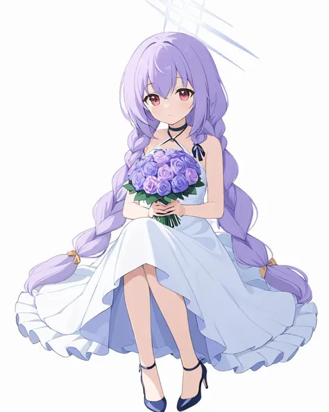 atsuko \(blue archive\),1girl, solo, halo, white_dress, wedding_dress, purple_flower, looking_at_viewer, low_twin_braids, white_background, sitting, holding_bouquet, high_heels, choker, full_body
<lora:atsuko_(blue_archive)_image697_2023-11-26-000012:1>halo. gorgeous,key visual, vibrant, studio anime,award-winning, professional, highly detailed,high budget, cinemascope