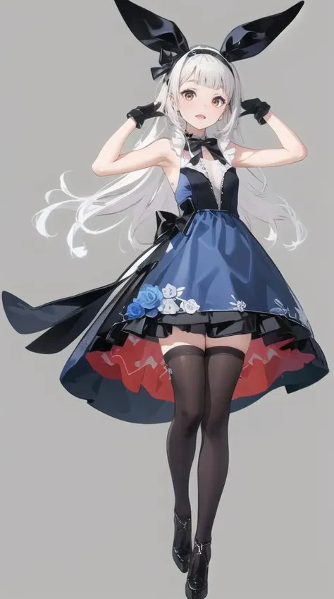 (best quality), ((masterpiece)), (highres), illustration, original, extremely detailed,<lora:bbj-000009:0.8>bbj,1girl, solo, gloves, thighhighs, rabbit ears, long hair, animal ears, dress, black gloves, flower, black footwear, sleeveless, white background, open mouth, blue flower, sleeveless dress, full body, white hair, holding, simple background, bare shoulders, very long hair, rose, hair ornament, black thighhighs, white dress, smile, official alternate costume, hair flower, yellow eyes, looking at viewer, blue rose, black dress, bangs, breasts, bow, shoes, hairband, brown thighhighs, blush, pocket watch, :d, small breasts, brown eyes, card, hands up, standing, standing on one leg, floating hair, zettai ryouiki, short dress, no background