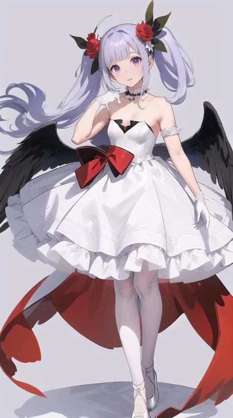 (best quality), ((masterpiece)), (highres), illustration, original, extremely detailed,<lora:bbj-000009:0.8>bbj,1girl, dress, solo, pantyhose, trumpet, long hair, purple hair, white dress, gloves, white background, white gloves, instrument, white footwear, purple eyes, white pantyhose, wings, simple background, unicorn (azur lane), breasts, full body, looking at viewer, hair ornament, bare shoulders, holding, bangs, ahoge, small breasts, holding instrument, twintails, blush, parted lips, flower, strapless, shoes, feathered wings, white wings, strapless dress, hair flower, ribbon, hat, see-through, elbow gloves, tilted headwear, very long hair, hair ribbon, sidelocks, low wings, collarbone, official alternate costume, white flower, mini hat, no background