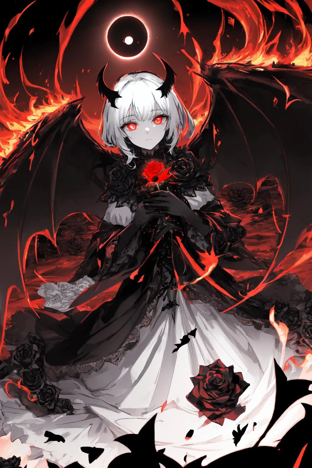gorgeous and stylish monochrome, eye coloring,strong color contrast, Extremely detailed 16k cg wallpaper,
(solo,
1 unholy girl ,huge black rose's wings ,red glowing eyes,solar eclipse,burning hell :1.3),
(black rose theme, brightness absorbing flowers:1.3), extremely dangerous atmosphere, ultra high res,
<lora:EclipseSD:0.3> eclipse