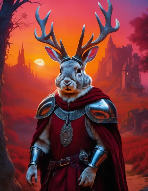 extremely hyper aesthetic, rule of thirds, ((portrait of confused frown jackalope with mythical aura eerie stillness, wearing Cherry Red, knight blood-stained shield, in crimson sunset over a ghost town enchanted glade with moonlit dance, torn-off face, soft glow of fairies dance, twisting shadows tarot deck :1.3) , (amazing professional photography:1.2) , (clear content details:1.1))
