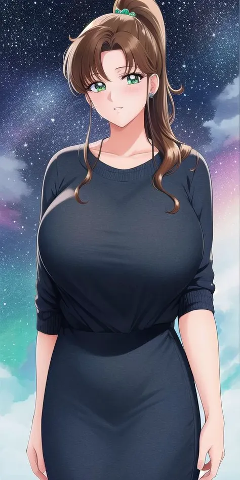 <lora:MakotoV1:0.7> kino_makoto, huge_breasts, standing, solo, sweater, starry_sky,, masterpiece, best quality, detailed face, detailed eyes, highres,