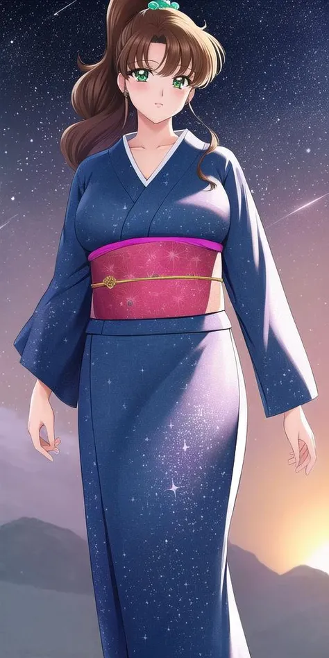 <lora:MakotoV1:0.7> kino_makoto, huge_breasts, standing, solo, kimono, starry_sky,, masterpiece, best quality, detailed face, detailed eyes, highres,