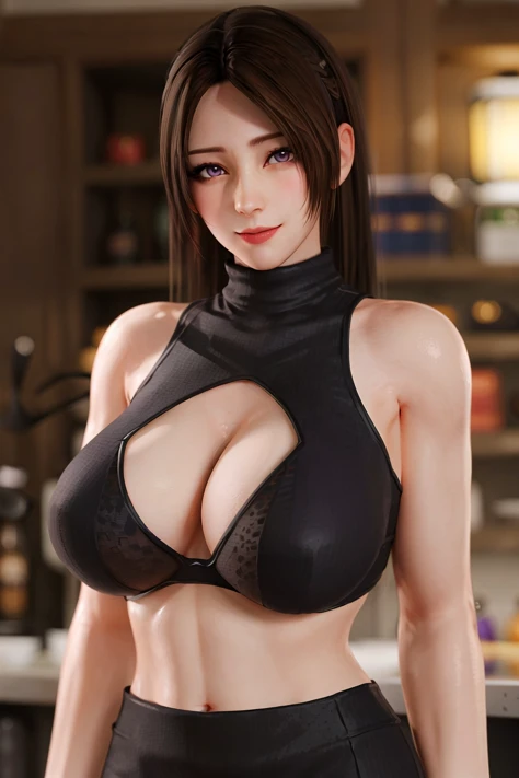 1girl, bangs, bare shoulders, black hair, black sweater, blunt bangs, bra, closed mouth, depth of field, hime cut, huge breasts, lips, long hair, looking at viewer, mole under mouth, akiryo-mai, purple eyes, ribbed sweater, see-through, sleeveless, sleeveless sweater, solo, sweater, turtleneck, turtleneck sweater, underwear, upper body,smile,(masterpiece:1.4),(best quality:1.4),(shiny skin),steaming body