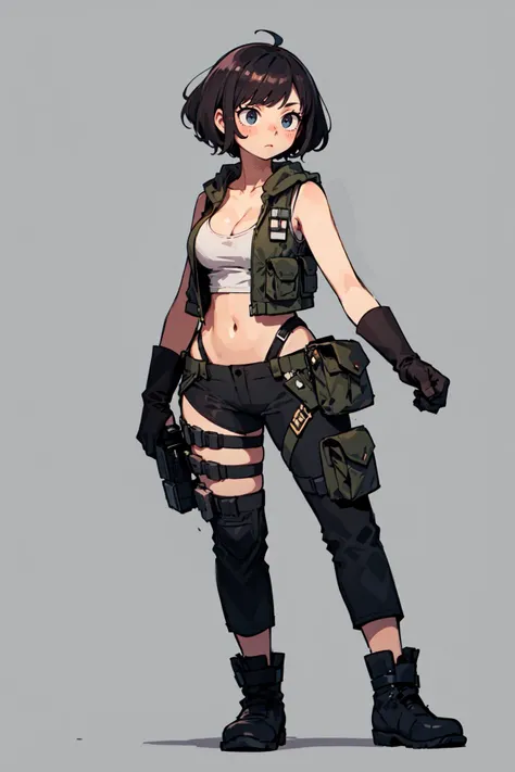 curvy 18 year old female, pixie cut, delicate tiny breasts, (bulletproof vest, bullet pouch on top of the bulletproof vest, combat pants), hoodie, wearing boots, holster on the thigh, black gloves, BREAK tight gym shorts, tight tank top, (cleavage, navel), BREAK (grey background:1.3), (best quality:1.1),