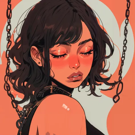 1girl, bare shoulders, black hair, chain, closed eyes, lips, nose, realistic, solo, red theme,
 <lora:add_detail:0.6>