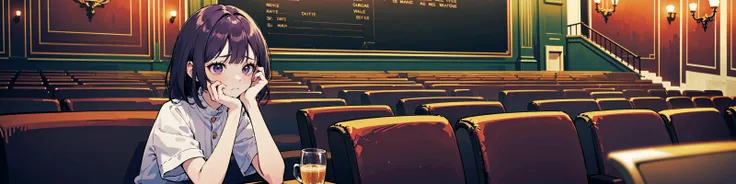 (best quality, masterpiece:1.1), <lora:Muryo:0.65>, (solo), close up, looking up, (1female), miserable face, purple hair, asymmetrical bangs, pointy hair, (at a cafe), ( theater, benches, red walls),