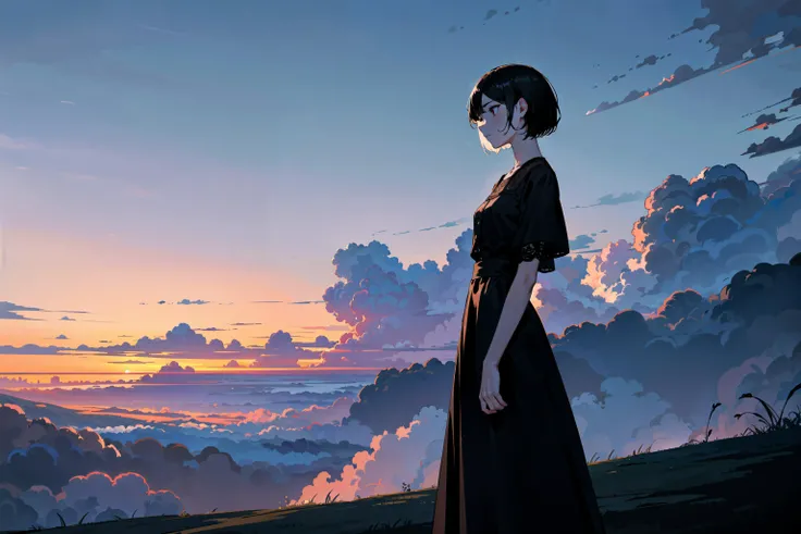 (best quality, masterpiece:1.1), (Intricate detailed:1.2), pale hipster girl, black dress, short hair, clouds, ethereal evening sky, wide shot, minimalism, atmospheric perspective,
