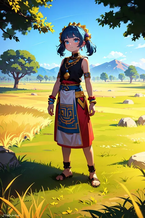 (best quality, masterpiece:1.1), <lora:Better light:0.5>,  full body,    looking up, (1female), irritating face, blue hair, asymmetrical bangs, spiked hair,        blue african clothes, hair ornaments, jewelry, (tribe, tribal:1.2), (savana, (dry, yellow grass land), tree, outdoors, blue rocky hiils in the background),