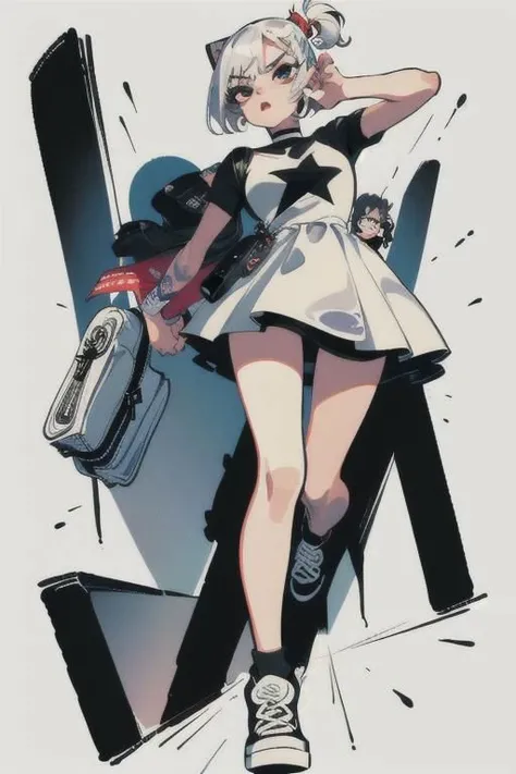 (best quality, masterpiece:1.1), full body, (facing up:1.2), (1female), bright face, white hair, very short hair, hair between eyes, quad tails, converse shoes, young fasion, modern fasion, (short silver dress), wallet, ( (graffiti on character:0.3), (Ink swirling around the character:1.2)),
