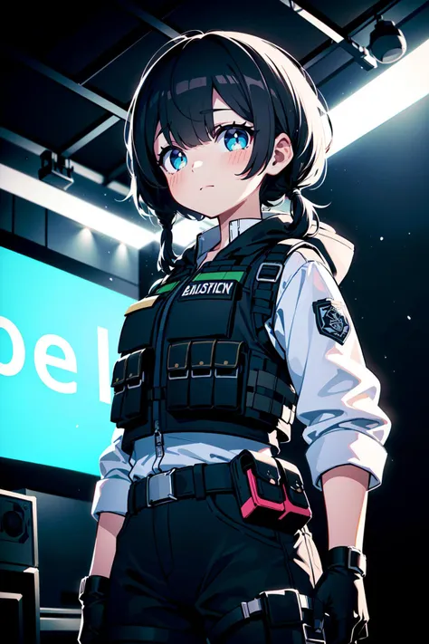 (best quality, masterpiece:1.1), <lora:Better light:0.5>,  upper body,  looking at viewer, (facing down:1.2),  (1female), bright face, black hair, asymmetrical bangs, hair over eyes, cornrows,        (bulletproof vest, bullet pouch on top of the bulletproof vest, combat pants), hoodie, wearing boots, holster on the thigh, black gloves, ( neon light, Club Stage),